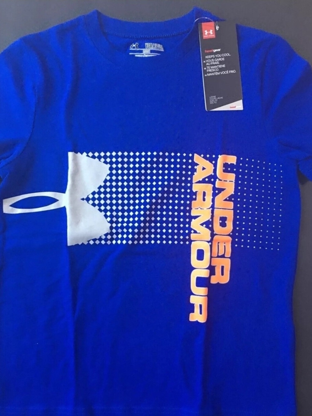 Under Armour Boy’s Blue Graphic Logo Tee with Orange Accents